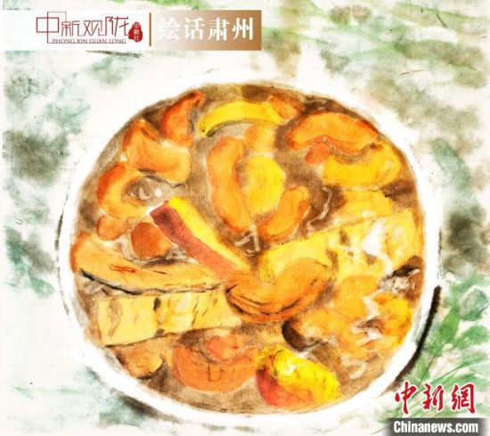 圖為酒泉美食“糊鍋”繪畫作品?！《排d彥 攝